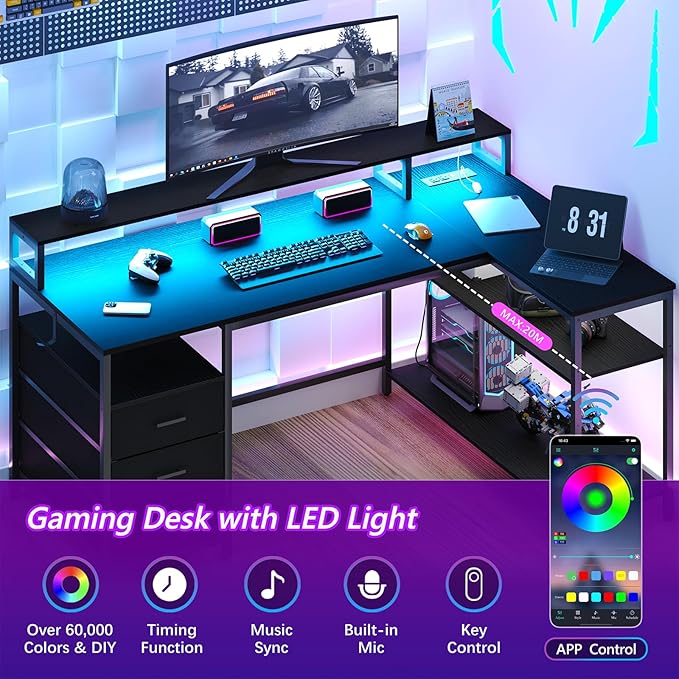 L Shaped Desk with 3 Drawer & 3 Open Shelf, Computer Desk with LED Lights & Power Outlets, Home Office Desk with Reversible Storage Shelves & Monitor Stand, Corner Desk for Small Space - LeafyLoom