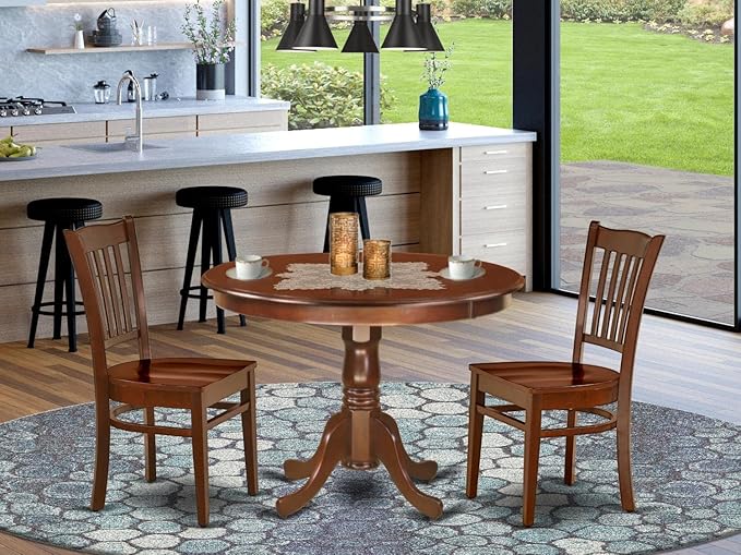 East West Furniture HLGR3-MAH-W 3 Piece Modern Dining Table Set Contains a Round Wooden Table with Pedestal and 2 Kitchen Dining Chairs, 42x42 Inch, Mahogany - LeafyLoom