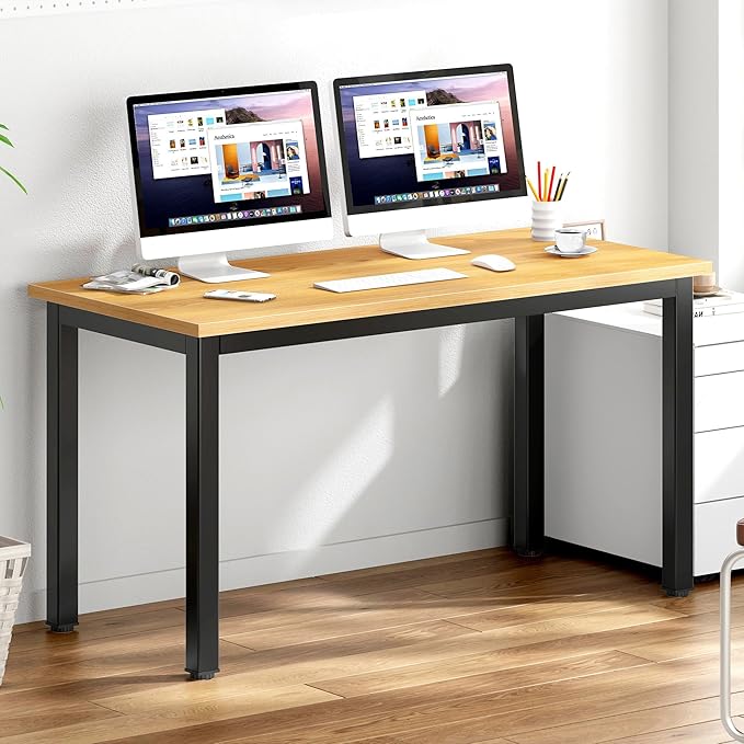 DlandHome 55 inches Large Computer Desk, Composite Wood Board, Decent and Steady Home Office Desk/Workstation/Table, BS1-140TB Teak and Black Legs, 1 Pack - LeafyLoom
