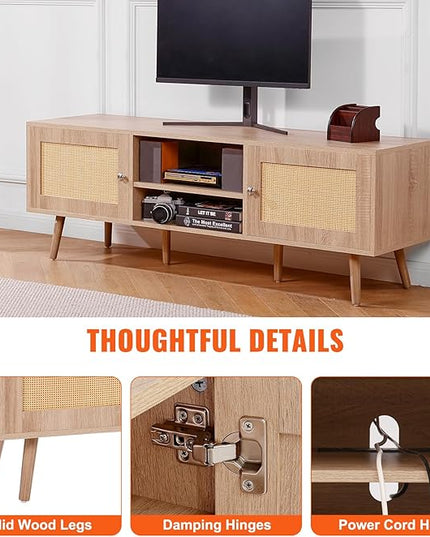 VEVOR Rattan TV Stand, Mid Century Modern TV Stand for 65 inch TV, Boho Rattan TV Cabinet with Build-in Socket and USB Ports, Adjustable Shelfs for Living Room, Media Room, Oak - LeafyLoom