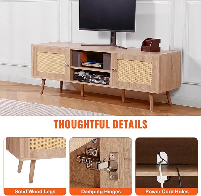 VEVOR Rattan TV Stand, Mid Century Modern TV Stand for 65 inch TV, Boho Rattan TV Cabinet with Build-in Socket and USB Ports, Adjustable Shelfs for Living Room, Media Room, Oak - LeafyLoom