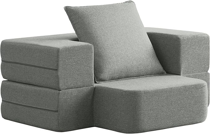Convertible Folding Sofa - Modern Linen Fabric Coffee Table, Foldable Floor & Futon Couch, with Pillow for Living Room/Dorm/Guest Room/Home Office/Apartment,Single (2 in 1),Light Gray - LeafyLoom