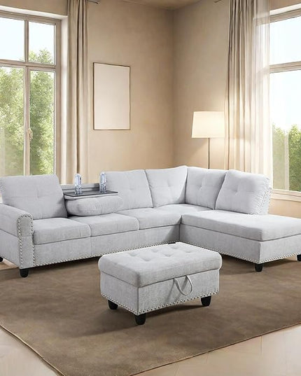 L Shaped Sofa with Ottoman Modern Sectional Living Room, Bedroom, Office, L Couch Grey White - LeafyLoom