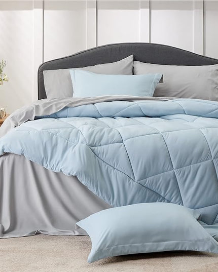 Bedsure Sky Blue Full Size Comforter Set - 7 Pieces Reversible Full Bed in a Bag Full Bed Set with Comforters, Sheets, Pillowcases & Shams, Full Bedding Sets - LeafyLoom