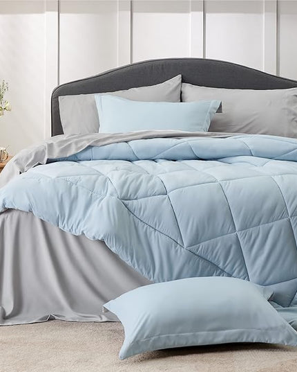 Bedsure Sky Blue Twin Size Comforter Set - 5 Pieces Reversible Twin Bed in a Bag, Extra Long Twin Bed Set with Comforters, Sheets, Pillowcase & Sham, Twin Bedding Sets for College - LeafyLoom