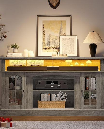 YITAHOME LED Farmhouse TV Stand for TV up to 65 Inch w/Outlets, Highboy Media Entertainment Center Console Table Adjustable Storage Shelves &Cabinet Glass Door for 400lbs for Living Room, Rustic Gray - LeafyLoom