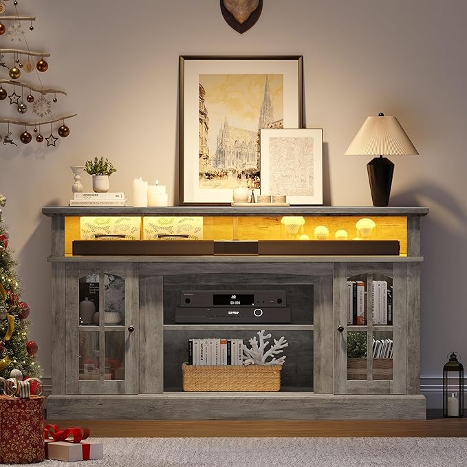 YITAHOME LED Farmhouse TV Stand for TV up to 65 Inch w/Outlets, Highboy Media Entertainment Center Console Table Adjustable Storage Shelves &Cabinet Glass Door for 400lbs for Living Room, Rustic Gray - LeafyLoom
