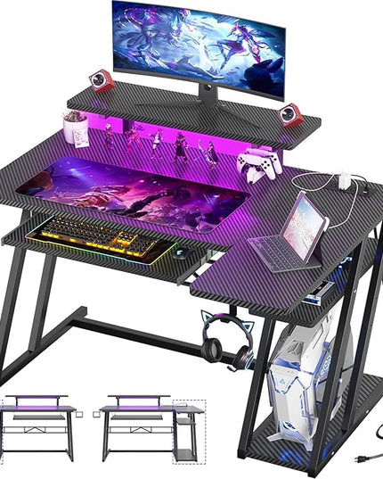 Small Gaming Desk with Shelves and Outlets, L Shaped Gaming Desk with LED Lights, Reversible L Shaped Computer Desk for Gamer, Carbon Fiber Black, 39"-11 - LeafyLoom