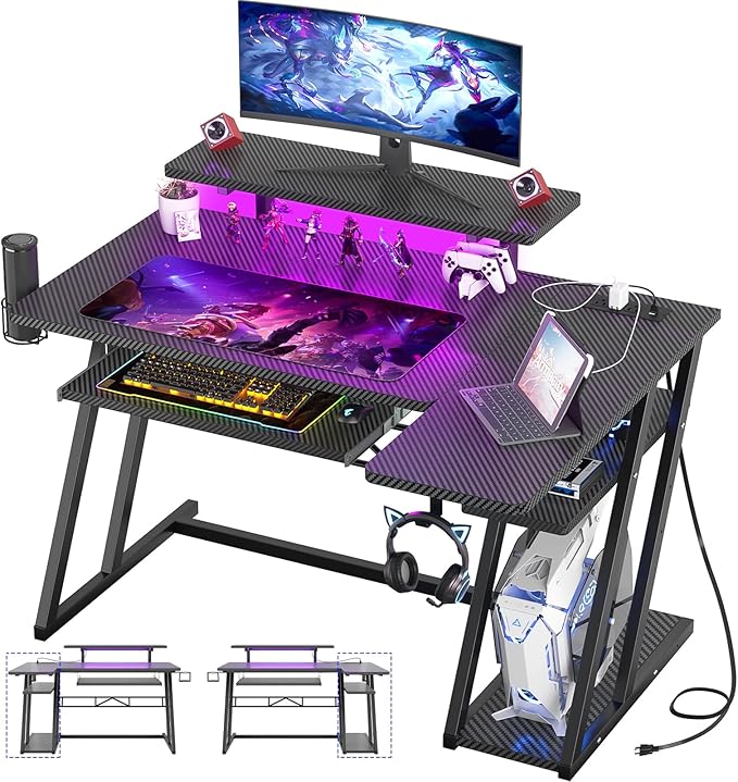 Small Gaming Desk with Shelves and Outlets, L Shaped Gaming Desk with LED Lights, Reversible L Shaped Computer Desk for Gamer, Carbon Fiber Black, 39"-11 - LeafyLoom