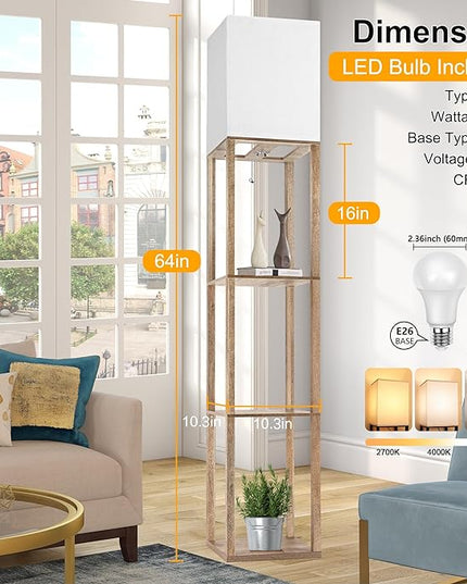 Floor Lamp with Shelves for Living Room Natural Wood, Shelf Floor Lamp with 3 CCT LED Bulb, Corner Display Standing Column Lamp Etagere Organizer Tower Nightstand with White Linen Shade for Bedroom - LeafyLoom
