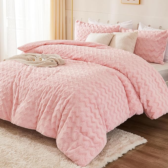 Andency Pink Fleece Comforter Set Full, 3 Pieces Fuzzy Shaggy Plush Sherpa Bedding Comforter Set Women Girls, Solid Fluffy Faux Fur Bed Comforter Set for Winter - LeafyLoom
