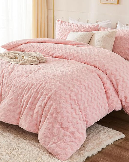 Andency Pink Fleece Comforter Set Queen Size, 3 Pieces Plush Shaggy Faux Fur Bed Comforter Set for Queen Bed, Fuzzy Fluffy Warm Bedding Set for Women Girls - LeafyLoom