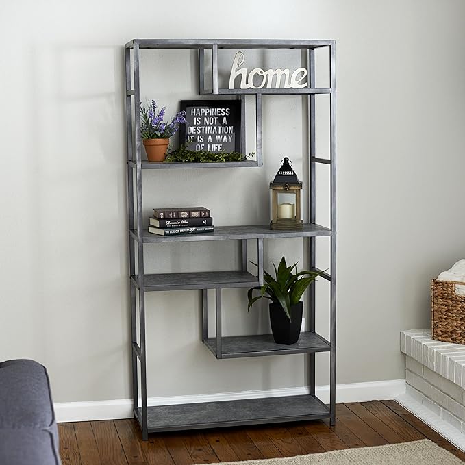 Household Essentials 8090-1 Tall Open Bookcase | Geometric Storage Shelves | Faux Slate Concrete - LeafyLoom