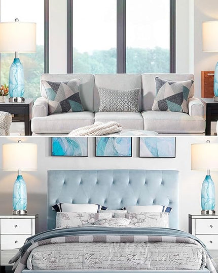 26" Coastal Table Lamps Set of 2, Modern Table Lamps with USB A+C Ports & AC Outlet, Touch Control Glass Bedside Nightstand Lamp with Night Light for Living Room Bedroom End Table Blue(Bulbs Included) - LeafyLoom