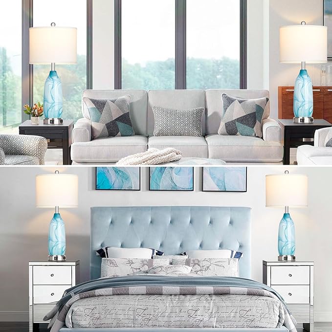 26" Coastal Table Lamps Set of 2, Modern Table Lamps with USB A+C Ports & AC Outlet, Touch Control Glass Bedside Nightstand Lamp with Night Light for Living Room Bedroom End Table Blue(Bulbs Included) - LeafyLoom