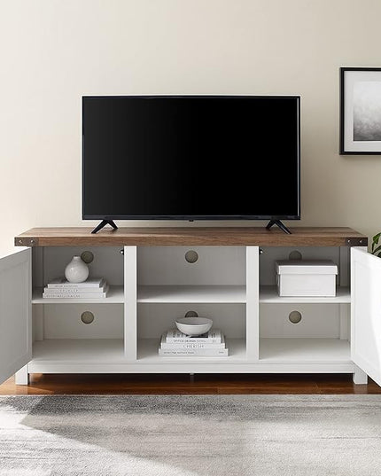 Walker Edison Larae Modern Farmhouse Two-Tone Barn Door Stand for TVs up to 65 Inches, Without Fireplace, Rustic Oak/White - LeafyLoom