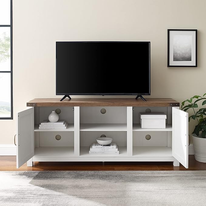 Walker Edison Larae Modern Farmhouse Two-Tone Barn Door Stand for TVs up to 65 Inches, Without Fireplace, Rustic Oak/White - LeafyLoom