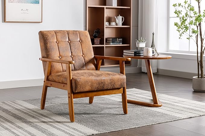 Mid-Century Accent, Modern Single Armchair, Upholstered Leisure Lounge Chair wth Solid Wood Armrest and Feet for Living Room, Bedroom, Office, Coffee - LeafyLoom