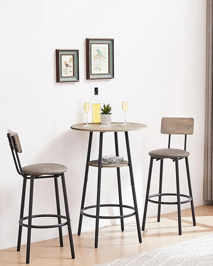 3 Pieces Bistro Table and Chairs Set, Industrial Counter Height Round Bar Table with Storage Shelf, 2 PU Upholstered Seat Stools with Backrest & Footrest, for Kitchen, Bar, Small Space, Grey - LeafyLoom
