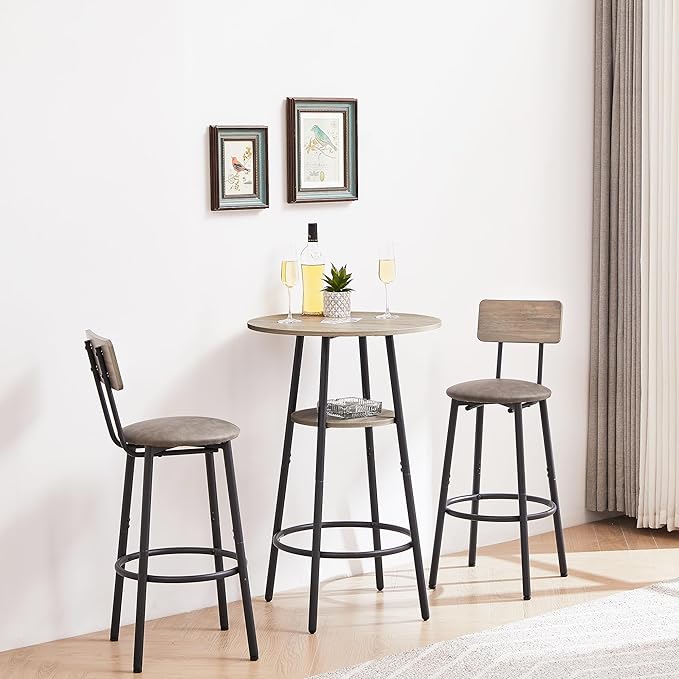3 Pieces Bistro Table and Chairs Set, Industrial Counter Height Round Bar Table with Storage Shelf, 2 PU Upholstered Seat Stools with Backrest & Footrest, for Kitchen, Bar, Small Space, Grey - LeafyLoom
