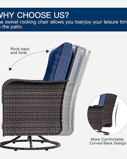 Patio Furniture Sectional Sofa Set 13PCS PE Rattan Swivel Rocking Chairs Patio Conversation Set w/43in Gas Fire Pit Table, Outdoor Furniture with 55000 BTU Propane Fire Pit, Navy Blue - LeafyLoom