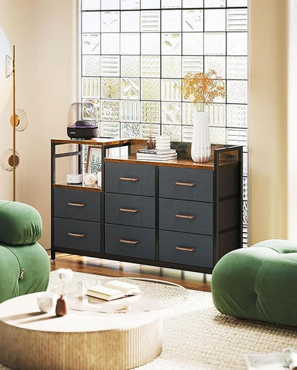 ODK Dresser with Charging Station, 52-Inch Long Dresser TV Stand for Bedroom, Large Dresser with 8 Storage Drawers, Chest of Drawers Easy-Pull Fabric Dressers for Living Room, Vintage and Dark Grey - LeafyLoom