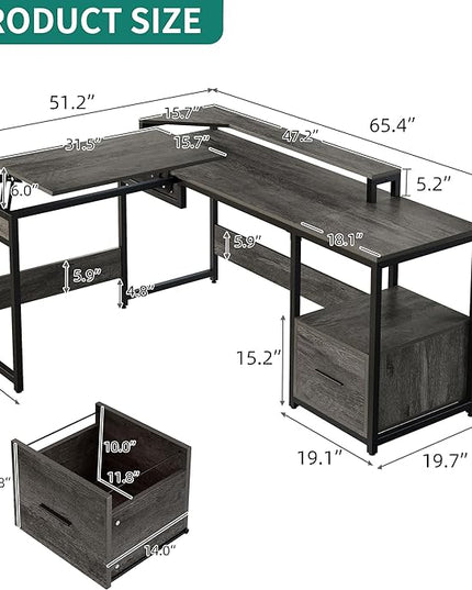 YITAHOME L Shaped Desk with Lift Top, 65" Adjustable Standing Desk with File Drawer, Corner Computer Desk with Storage Shelves,Home Office Desk, Grey - LeafyLoom