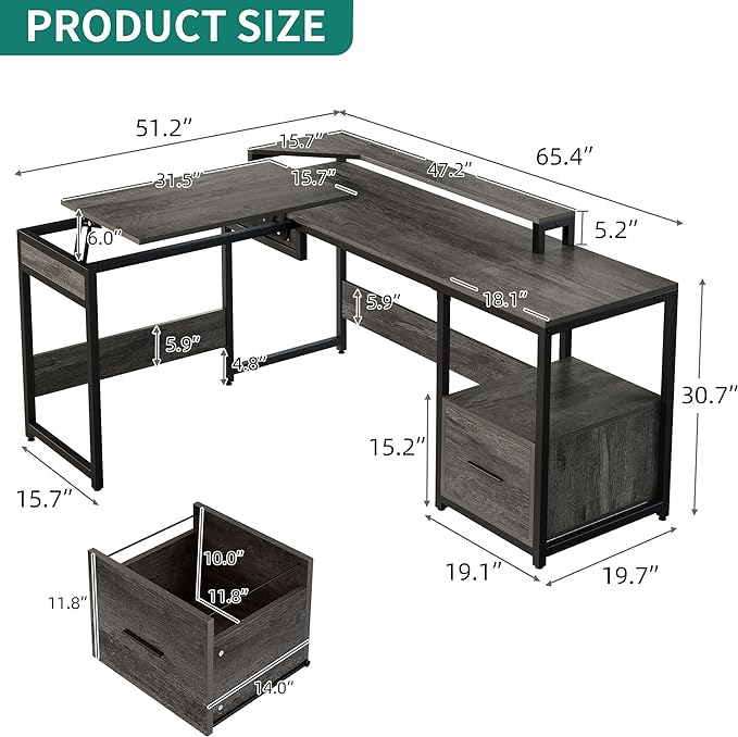 YITAHOME L Shaped Desk with Lift Top, 65" Adjustable Standing Desk with File Drawer, Corner Computer Desk with Storage Shelves,Home Office Desk, Grey - LeafyLoom