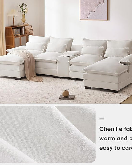 U Shaped Modular Sectional Sofa Deep Seat Oversized Symmetrical Corner Couch with Console,Cupholders and USB Ports, 6 Seater Velvet Upholstered Corner Sofa&Couches with Double Chaise Lounge - LeafyLoom