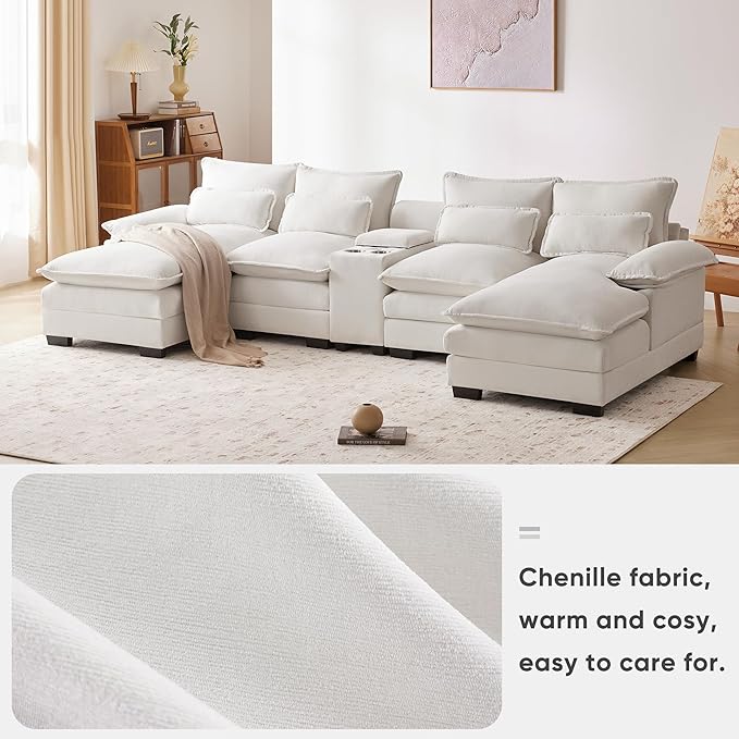 U Shaped Modular Sectional Sofa Deep Seat Oversized Symmetrical Corner Couch with Console,Cupholders and USB Ports, 6 Seater Velvet Upholstered Corner Sofa&Couches with Double Chaise Lounge - LeafyLoom