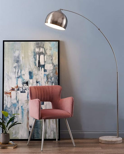 Teamson Home Arquer 68.1" Arc Floor Lamp for Living Rooms, Home Offices, Dining Rooms, Bedrooms with Faux White Marble Base and Nickel Bell Shade - LeafyLoom