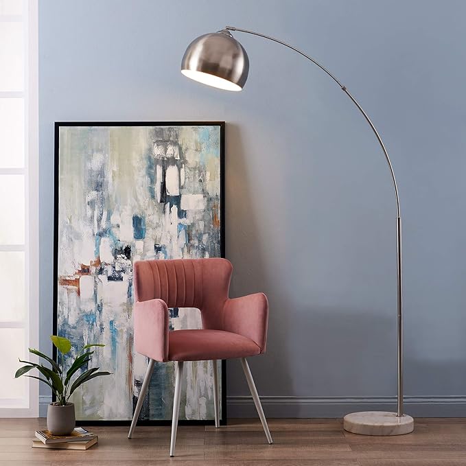 Teamson Home Arquer 68.1" Arc Floor Lamp for Living Rooms, Home Offices, Dining Rooms, Bedrooms with Faux White Marble Base and Nickel Bell Shade - LeafyLoom