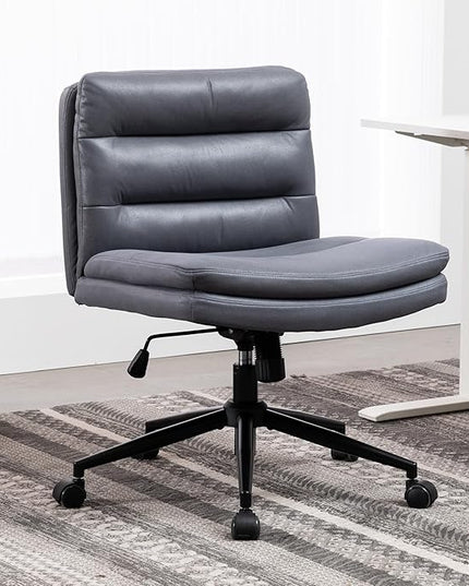 Armless Office Chair with Wheels Wide Desk Chair Leather Mid Back Accent Chair Padded Swivel Vanity Chair for Girl Women Computer Task Chair for Home Office (Suede Fabric, Gray&Blue) - LeafyLoom