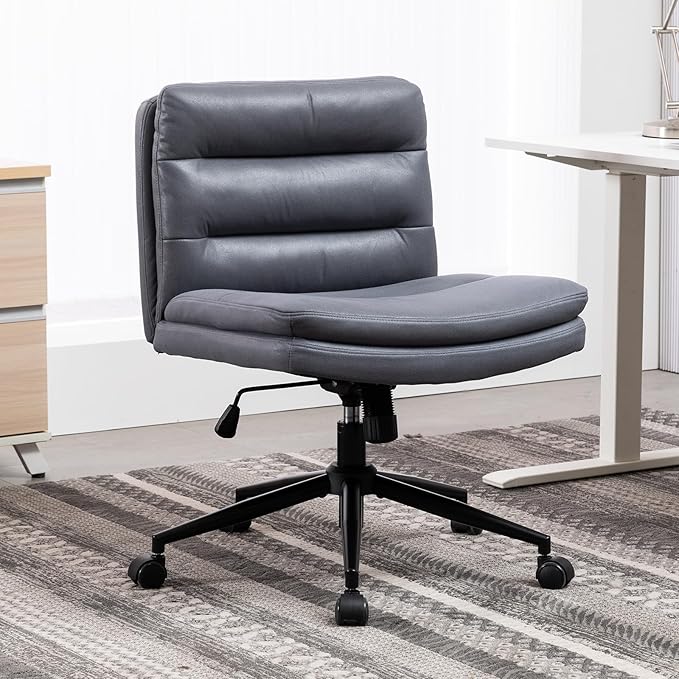 Armless Office Chair with Wheels Wide Desk Chair Leather Mid Back Accent Chair Padded Swivel Vanity Chair for Girl Women Computer Task Chair for Home Office (Suede Fabric, Gray&Blue) - LeafyLoom