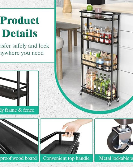 Slim Storage Cart 4 Tier Narrow Kitchen Rolling Cart on Wheels for Small Space, Mobile Spice Rack Seasoning Organizer Utility Serving Cart for Kitchen Bathroom Laundry, Black - LeafyLoom
