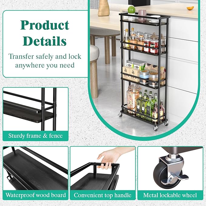 Slim Storage Cart 4 Tier Narrow Kitchen Rolling Cart on Wheels for Small Space, Mobile Spice Rack Seasoning Organizer Utility Serving Cart for Kitchen Bathroom Laundry, Black - LeafyLoom