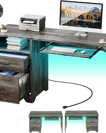 55 Inch Computer Desk with Smart LED Light and Power Outlet, Reversible Office Desk with File Cabinet, Modern Sturdy Writing Table Gaming Desk with Drawers and Keyboard Tray, Black Oak - LeafyLoom
