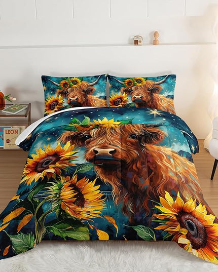 HOSIMA Highland Cow Comforter Set,Western Farmhouse Animals Cow and Sunflower Print Bedding Set 3Pcs with 2 Pillowcases,Galaxy Star Moon Comforter,Floral Comforter Twin Bed in a Bag. - LeafyLoom