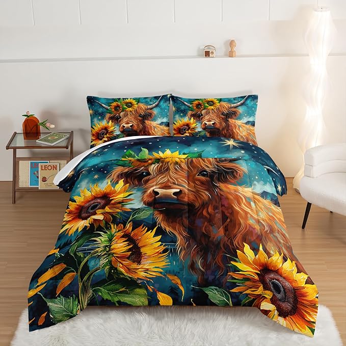 HOSIMA Highland Cow Comforter Set,Western Farmhouse Animals Cow and Sunflower Print Bedding Set 3Pcs with 2 Pillowcases,Galaxy Star Moon King Size Comforter Set,Floral Wild Animal Room Decor. - LeafyLoom