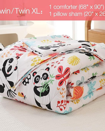JSD Panda Flower Kids Comforter Set, 2 Pieces Twin Microfiber Comforter with Pillow Sham, Soft Comfortable Machine Washable - LeafyLoom