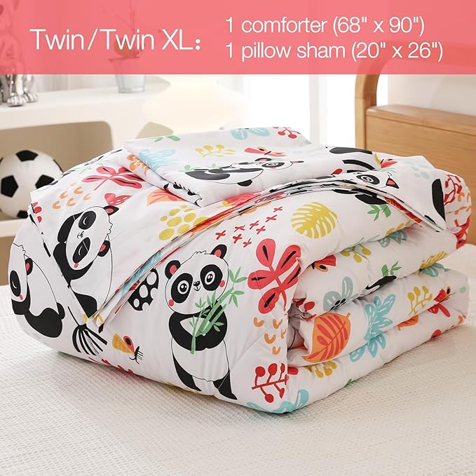 JSD Panda Flower Kids Comforter Set, 2 Pieces Twin Microfiber Comforter with Pillow Sham, Soft Comfortable Machine Washable - LeafyLoom