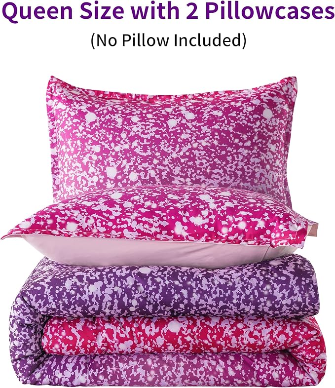 Litanika Galaxy Comforter Queen(90x90lnch), 3 Pieces(1 Purple Glitter Ombre Comforter, 2 Pillowcases), 3D Colorful Rainbow Bedding Set, Microfiber Comforter Set for Kid Boy Girl Teen - LeafyLoom