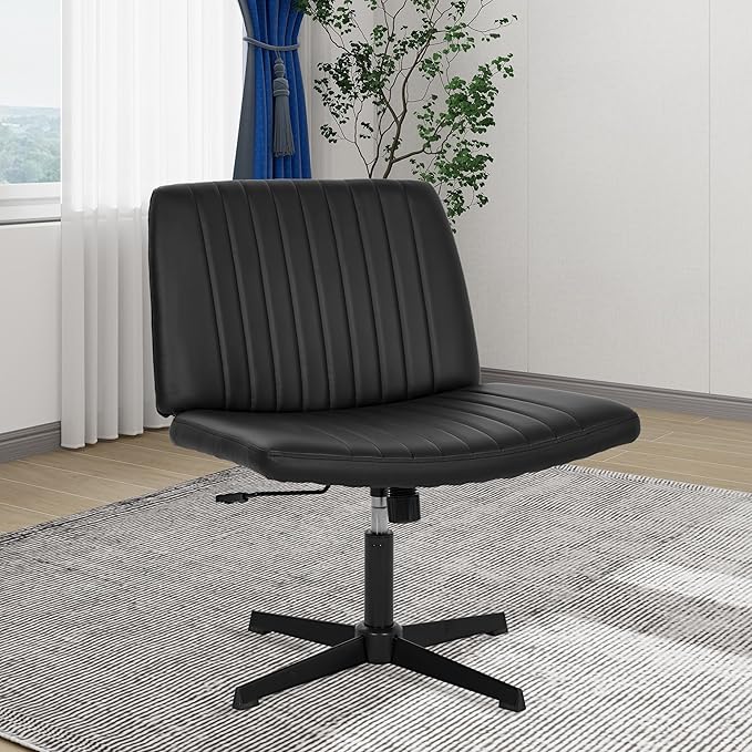FDW Criss Cross Chair Armless Cross Legged Office Desk Chair Adjustable Swivel Ergonomic Gaming Chair No Wheels Backrest with Wide Seat Native Sponge Computer Task Vanity Chair for Home Office,Black - LeafyLoom