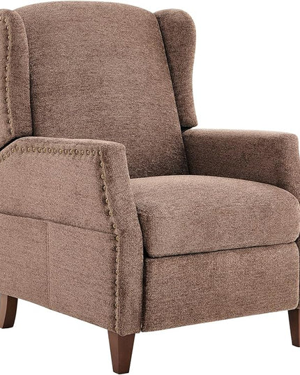 COLAMY Wingback Pushback Recliner Storage Pocket Upholstered Fabric Living Room Chair Armchair, with Wood Legs and Nailhead Trim, Light Brown - LeafyLoom