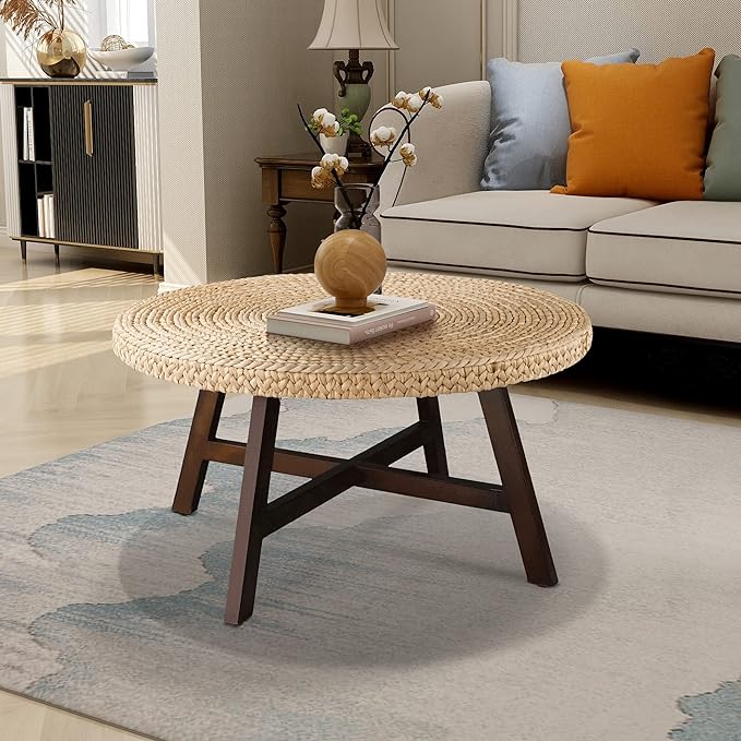 Coffee Table Round, Seagrass Coffee Tables,Pine Wood X Base Frame Cocktail Table, Easy Assembled, Multiple Sizes for Living Room, Solid Wood Table,32 x 17 Inches,Natural - LeafyLoom