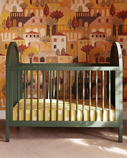 babyletto Bondi Cane 3-in-1 Convertible Crib with Toddler Bed Conversion Kit in Forest Green with Natural Cane, Greenguard Gold Certified - LeafyLoom