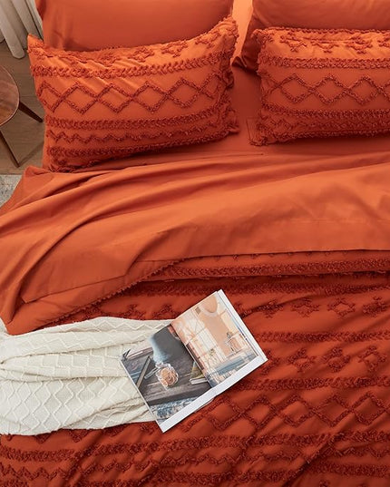 Anluoer Queen Comforter Set 7 Pieces, Burnt Orange Tufted Bed in a Bag with comforters and sheets, All Season Bedding Sets with 1 Comforter, 2 PillowShams, 2 Pillowcases, 1 Flat Sheet, 1 Fitted Sheet - LeafyLoom