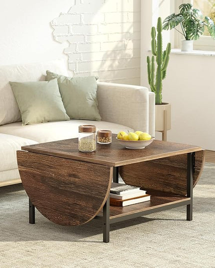 SAYGOER Coffee Table Mid Century Modern Extended Coffee Tables 2-Tier Storage Vintage Table for Living Room Farmhouse Center Table with Two Foldable Panel for Any Large or Small Space, Rustic Brown - LeafyLoom