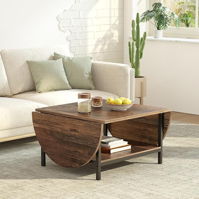 SAYGOER Coffee Table Mid Century Modern Extended Coffee Tables 2-Tier Storage Vintage Table for Living Room Farmhouse Center Table with Two Foldable Panel for Any Large or Small Space, Rustic Brown - LeafyLoom