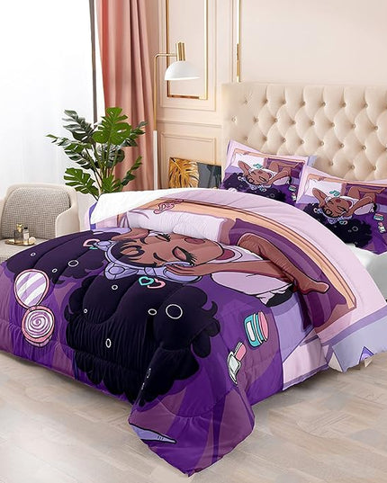 Black Girls Magic Comforter Sets, African American Girl Love Music Purple Designs Soft Fluffy Comforter Duvet, Full Size Afro Pretty Girls Comforter Set for Teens Kids Princess Cute Room Decor - LeafyLoom